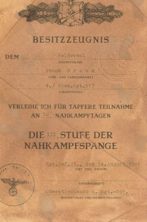 ナチスドイツ軍　白兵戦章ゴールド　実物　授与章付き